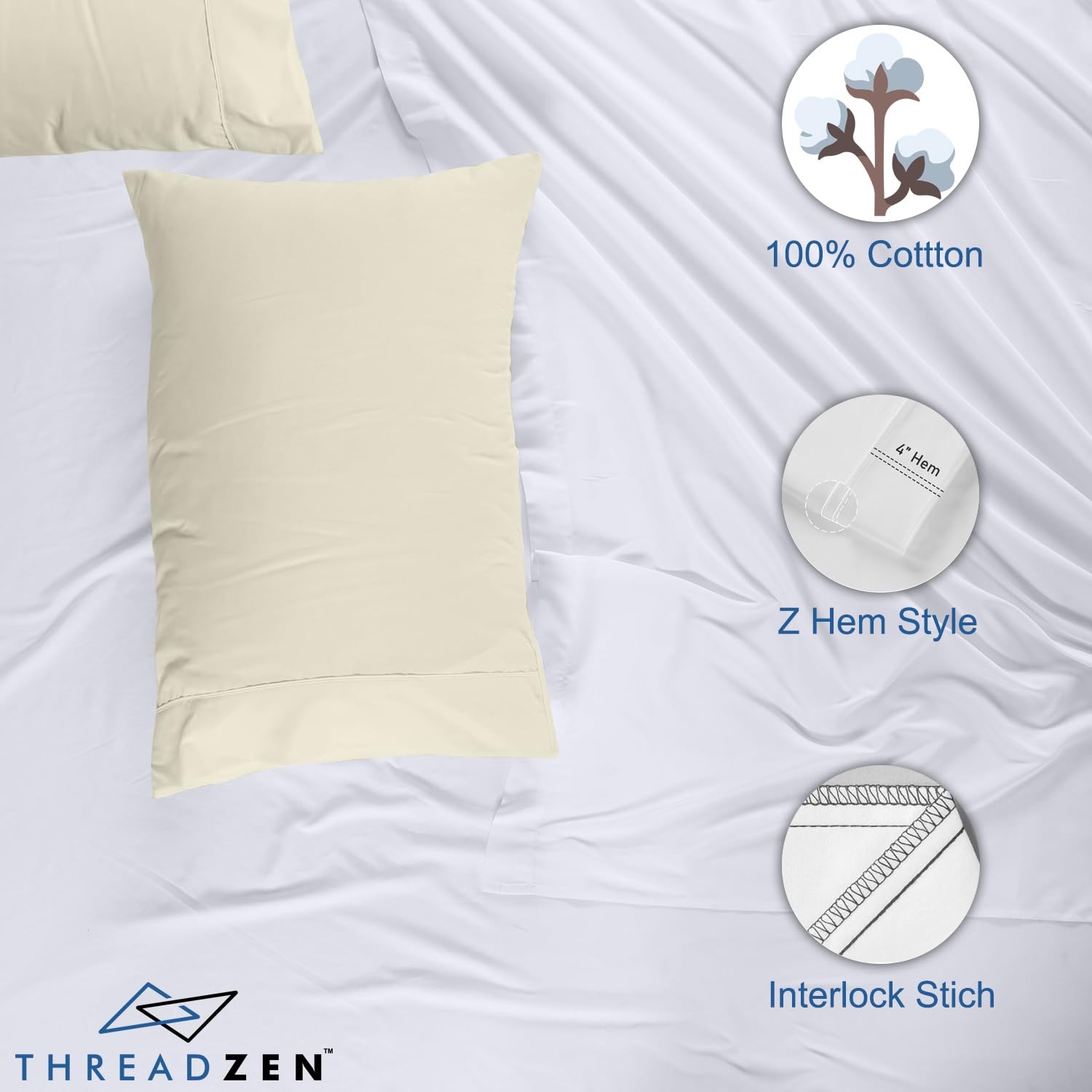 THREADZEN King Pillowcases Set of 2 – 100% Cotton, 600 Thread Count, Soft & Breathable, 21x41 Inches Pillow Covers with Z-Hem & Envelope Closure – Hotel Quality, Easy Care, White