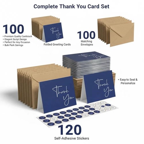 XXINMOH 100 Pack Thank You Cards With Envelopes Bulk Set & Stickers - 4x6 inch Blank Thank You Notes Bulk Box Set - Large Note Card Small Business, Wedding, Baby Shower & Bridal Shower - Navy Blue