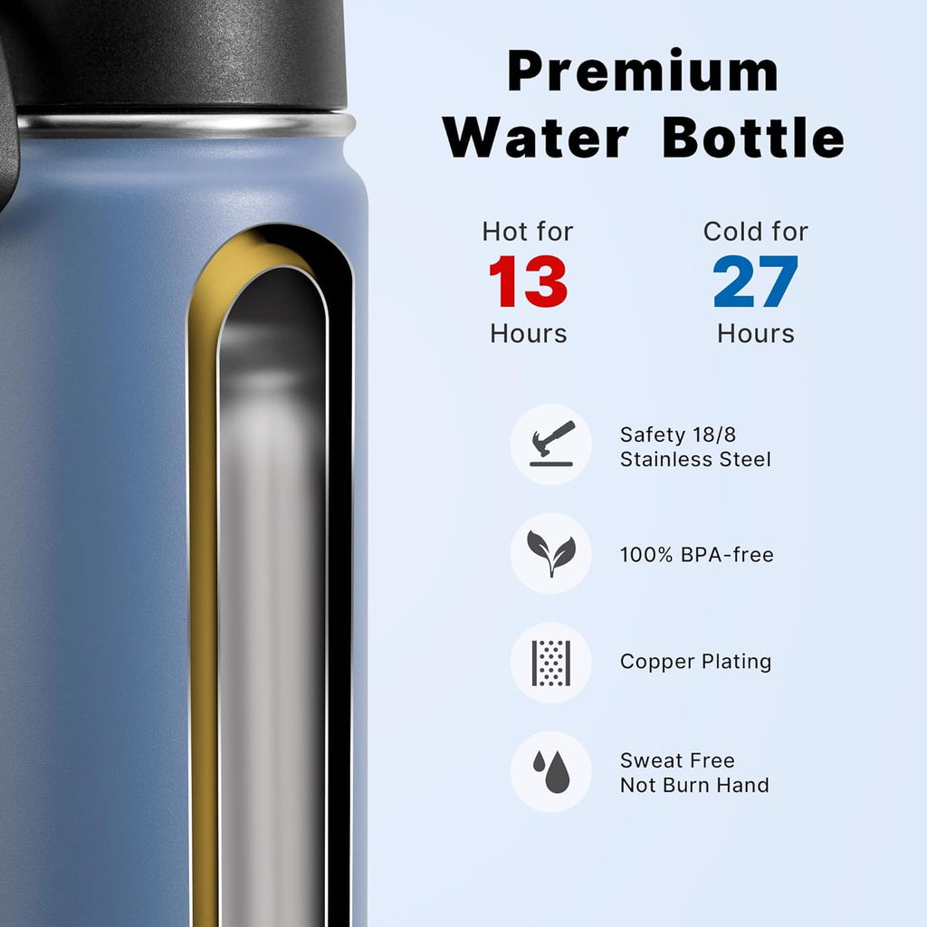 koodee Water Bottle-26 oz Stainless Steel Vacuum Insulated Sports Wide Mouth Water Bottle with Straw Lid, Reusable Metal Water Flask for School (Royal Blue)