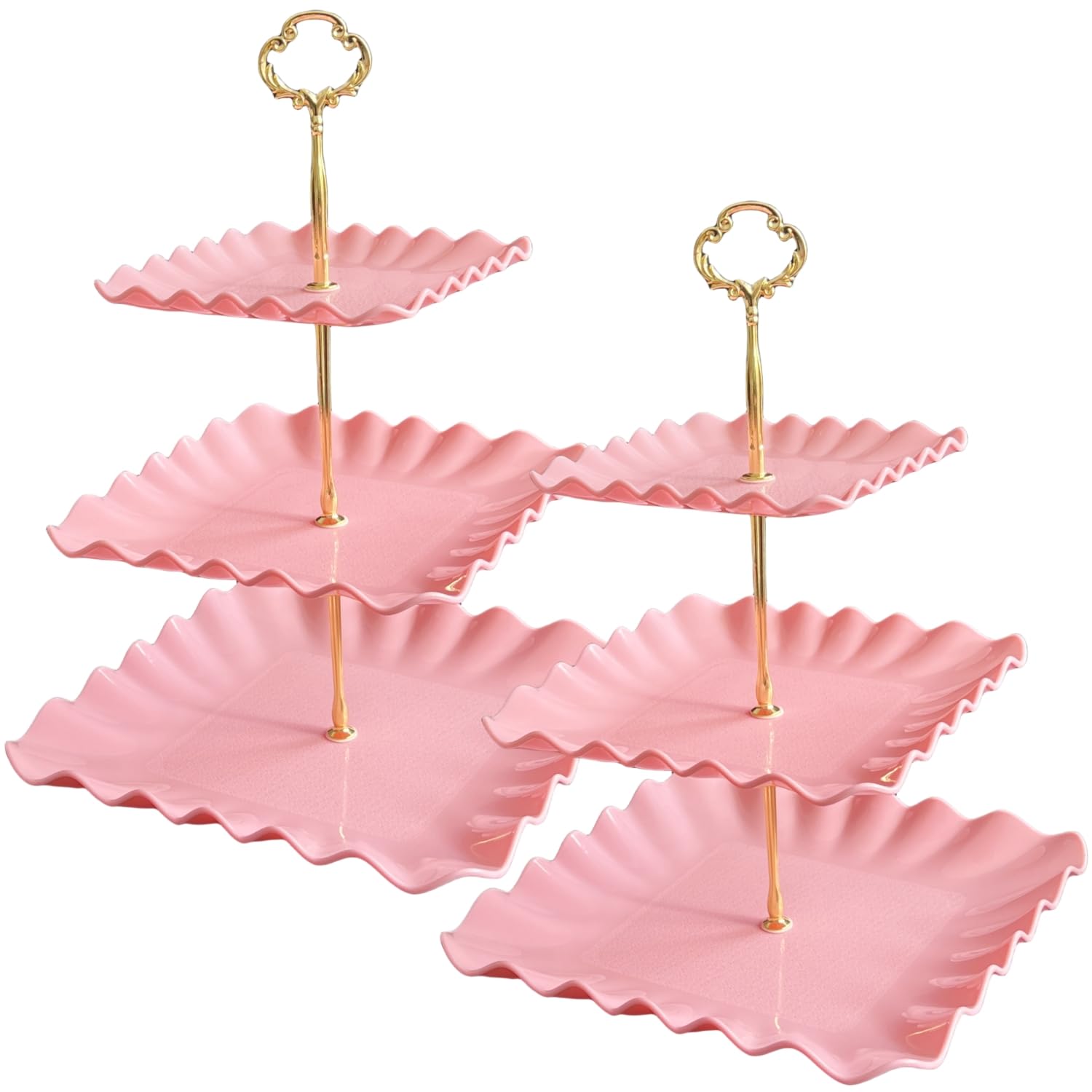 2 Pack of Plastic Square Dessert Cupcake Stand, 3 Tier Cup Cake Holder Tower for Tea Party/Birthday/Wedding, Plastic Tiered Serving Tray (Pink)