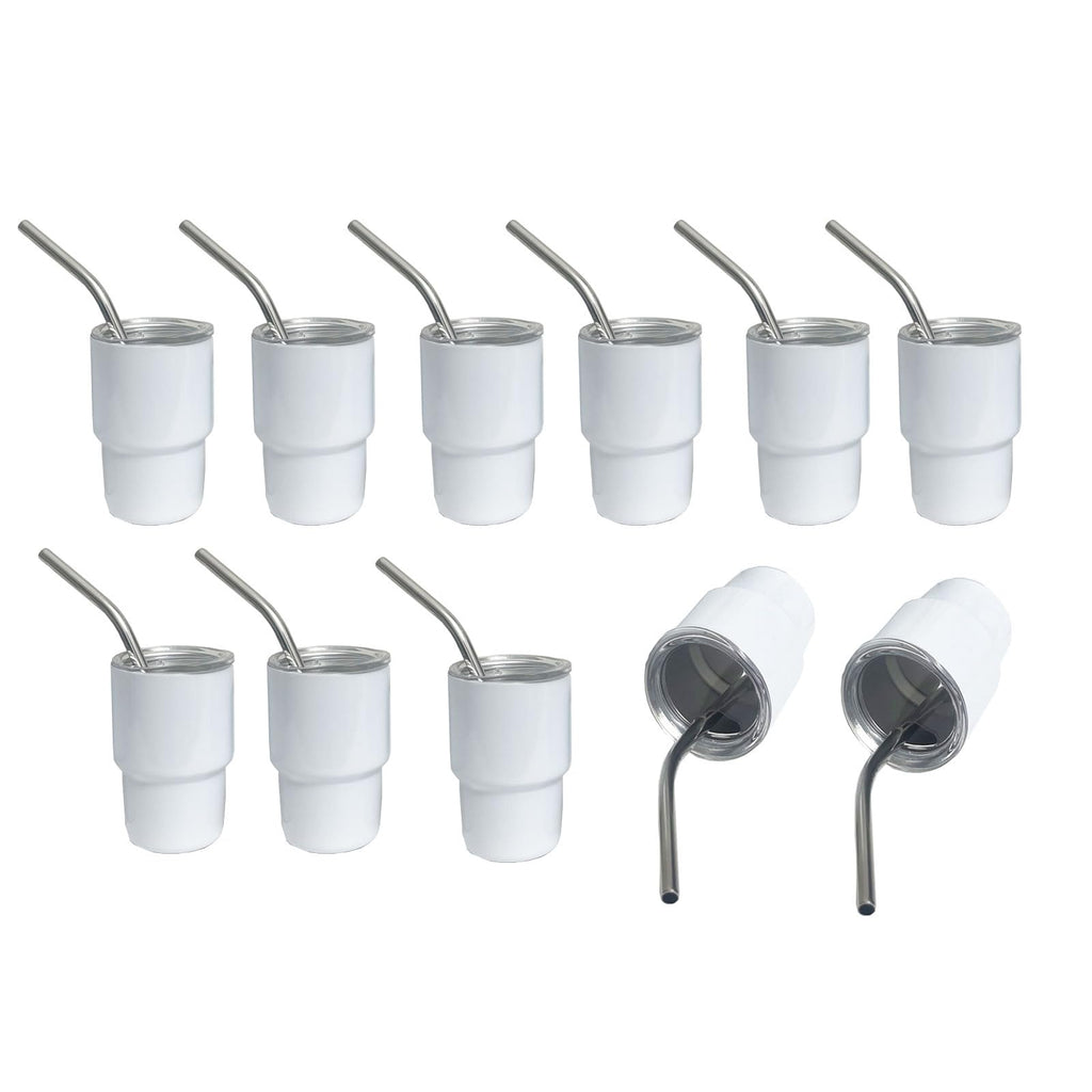 BEDAZE 3 oz Mini Tumbler Shot Glass with Straw，Sublimation Double layer metal Blank Stainless Steel Cute Shot Glasses Set with Lids for Party drinks, coffee, cocktails (12pcs-white)
