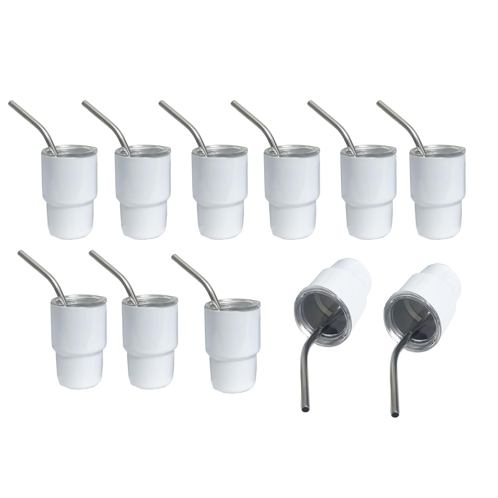 BEDAZE 3 oz Mini Tumbler Shot Glass with Straw，Sublimation Double layer metal Blank Stainless Steel Cute Shot Glasses Set with Lids for Party drinks, coffee, cocktails (12pcs-white)