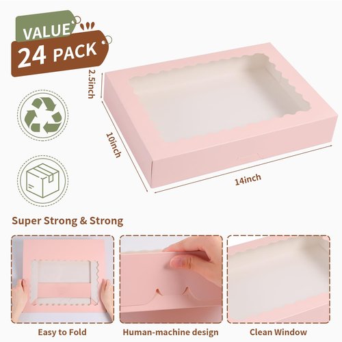 PFAMKEER Cookie Boxes,14x10x2.5 Inch Large Bakery Boxes with Window for Pies Chocolate Strawberries Muffins Donuts Pastry Dessert Christmas(Pink, 14 * 10 * 2.5inch/24pcs)