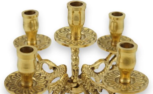 Home Icon Brass Candle Holder for 5 Candles - Includes Drip Trays for Altar & Prayer Corner