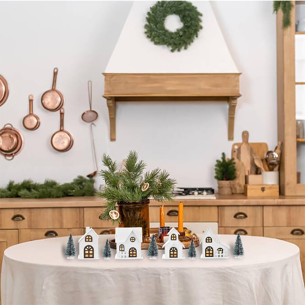 Ovootok Christmas Sculpture Set - 9-Piece Wood & Plastic Decor with 4 LED Lighted Houses & 5 Frosted Trees