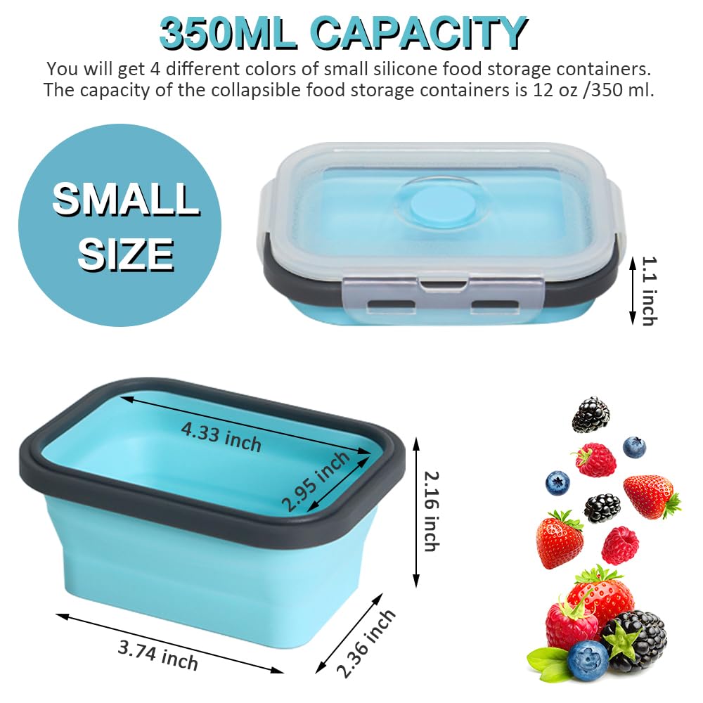 Pharamat Small Collapsible Silicone Food Storage Container(12 Oz) 4 Pack, Silicone Storage Containers for Snack, Fruit, Stackable, Space Saving