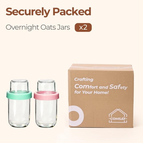 ComSaf Overnight Oats Containers with Lids (16oz+4oz, 2Pcs), Dual-Laryer Chia Pudding Jars with Dry and Wet Separation, Yogurt Parfait Cups for Oatmeal Cereal Nut Fruit, Meal Prep Glass Jars for Salad