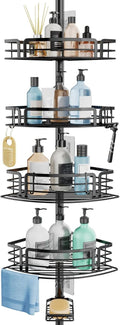 Consumest Corner Shower Caddy Tension Pole - Rustproof Adjustable Bath Organizer with Towel Bar & Soap Holder, 27.6-108.3 Inch, Black