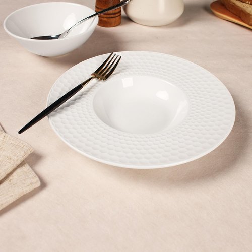 Creative home decor ceramic wide-rimmed soup bowls/plates, 5.3 oz pasta bowl set of 4, white embossed bowls and plates with rims, perfect for upscale restaurants, hotels and gourmets.
