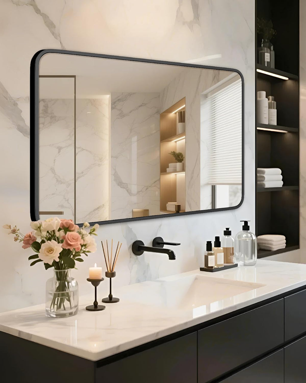 SUNQUEEN 36" x 24" Black Bathroom Mirror for Wall, Modern Bathroom Vanity Mirror for Over Sink Bedroom Entryway or Living, Metal Framed HD Tempered Glass Room Horizontal or Vertical