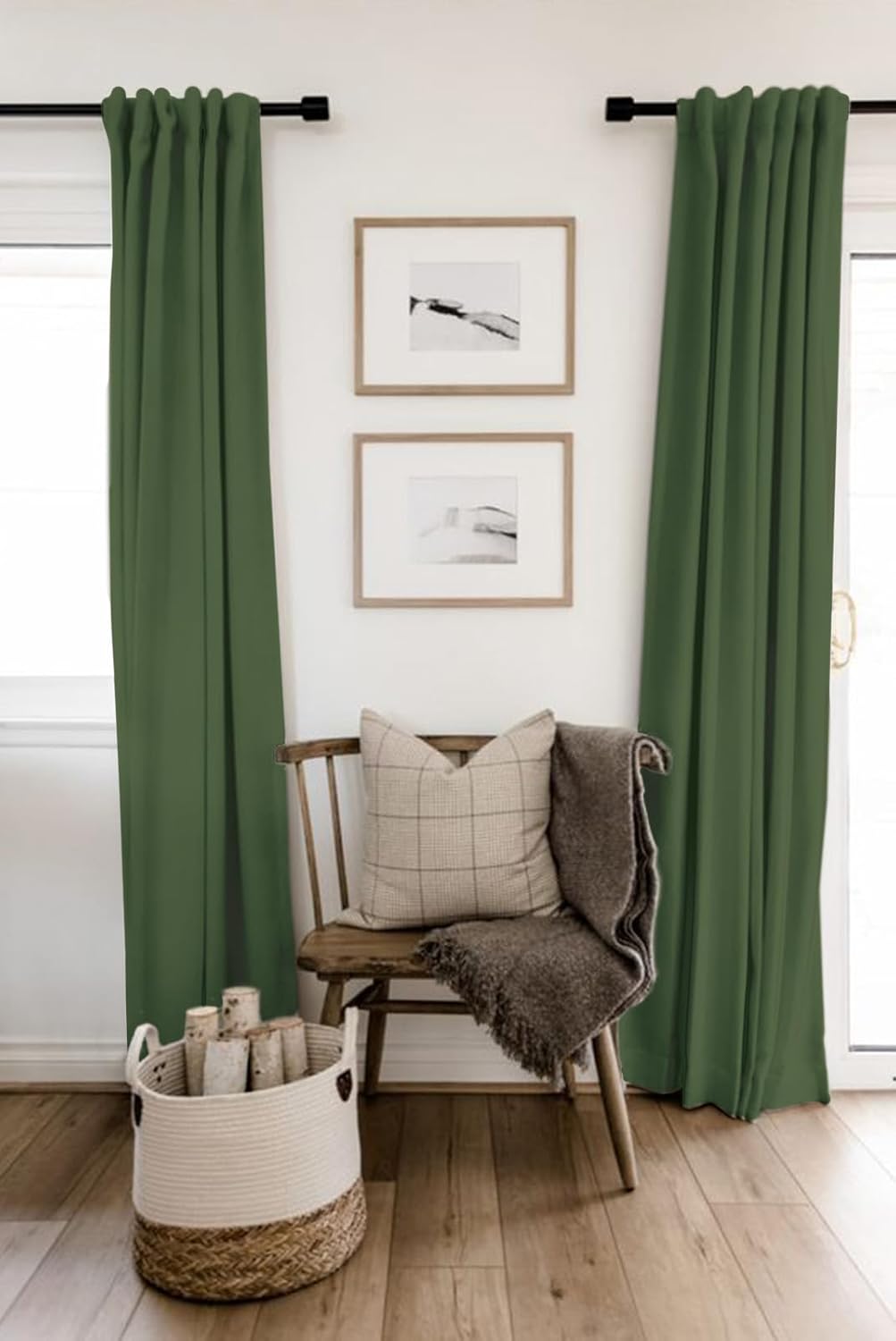 Skiennix 100% Blackout Linen Curtains - Thermal Insulated Drapes for Bedroom | Moss Green, 50" W x 108" L, 2 Panels Set