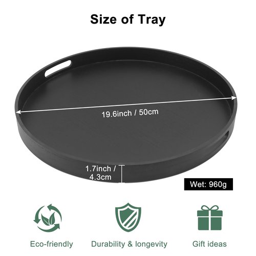 Hodeframe Round Decorative Tray, Extra Large Wooden Serving Tray with Handles, 11.8in Black Decorative Trays for Coffee Table,Kitchen Counter,bandejas decorativas