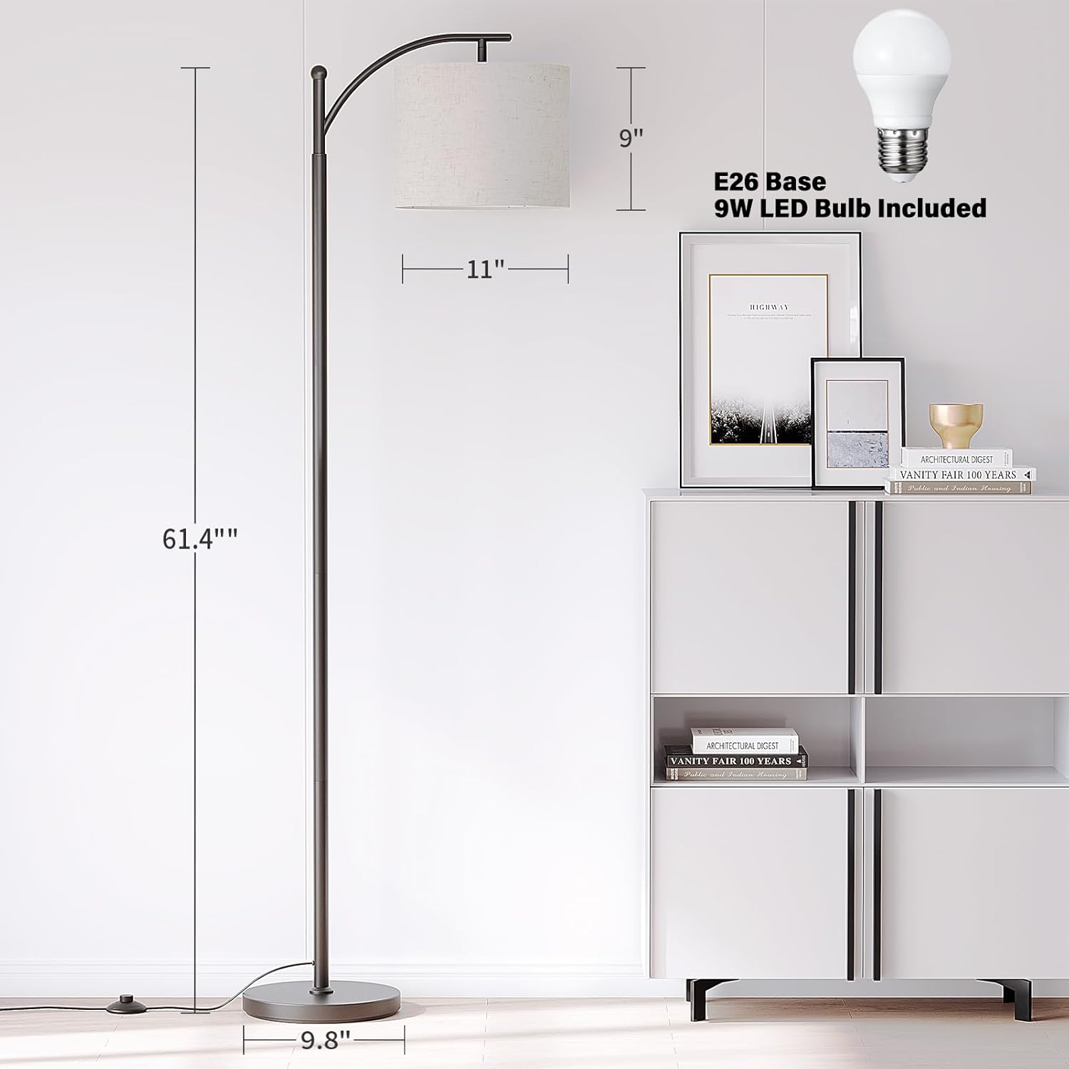 SUNMORY Arc Floor Lamp - Modern Design with 9W Adjustable 3-Color Bulb | Tall Metal Lamp for Living Room, Bedroom, Office (Black)