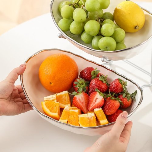 YYW 3 Tier Fruit Bowl for Kitchen Counter, White Ceramic Fruit Basket for Countertop, Home Fruit Stand with Metal Holder, Vegetable Bowl Snacks Nuts Bread Candy Storage (Gold 3-layer)