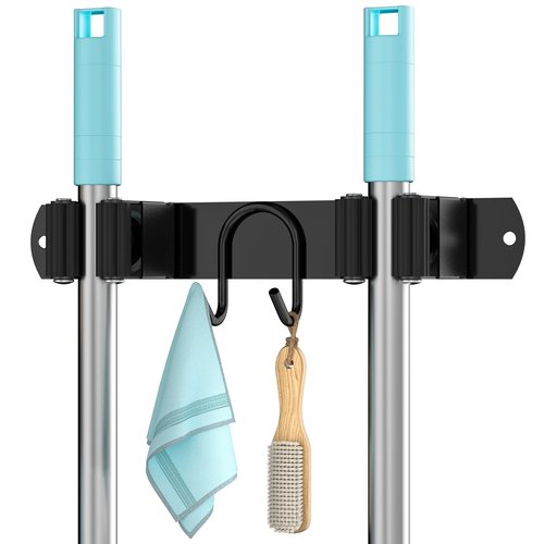 AURIKAR Broom Holder Wall Mount, Stainless Steel Mop and Broom Organizer, Broom Hanger with 2 Slots 2 Hooks for Home Kitchen, Garage, Garden and Laundry Room, Black