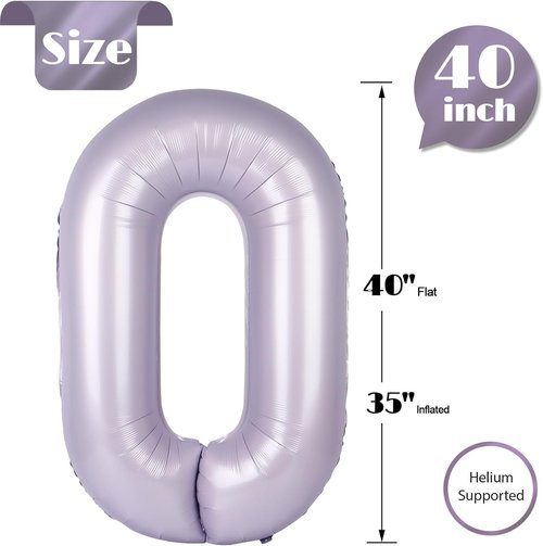 Lilac Number Balloon 40 Inch | 0 Number Balloons for Birthday Decorations | Lavender Party Supplies
