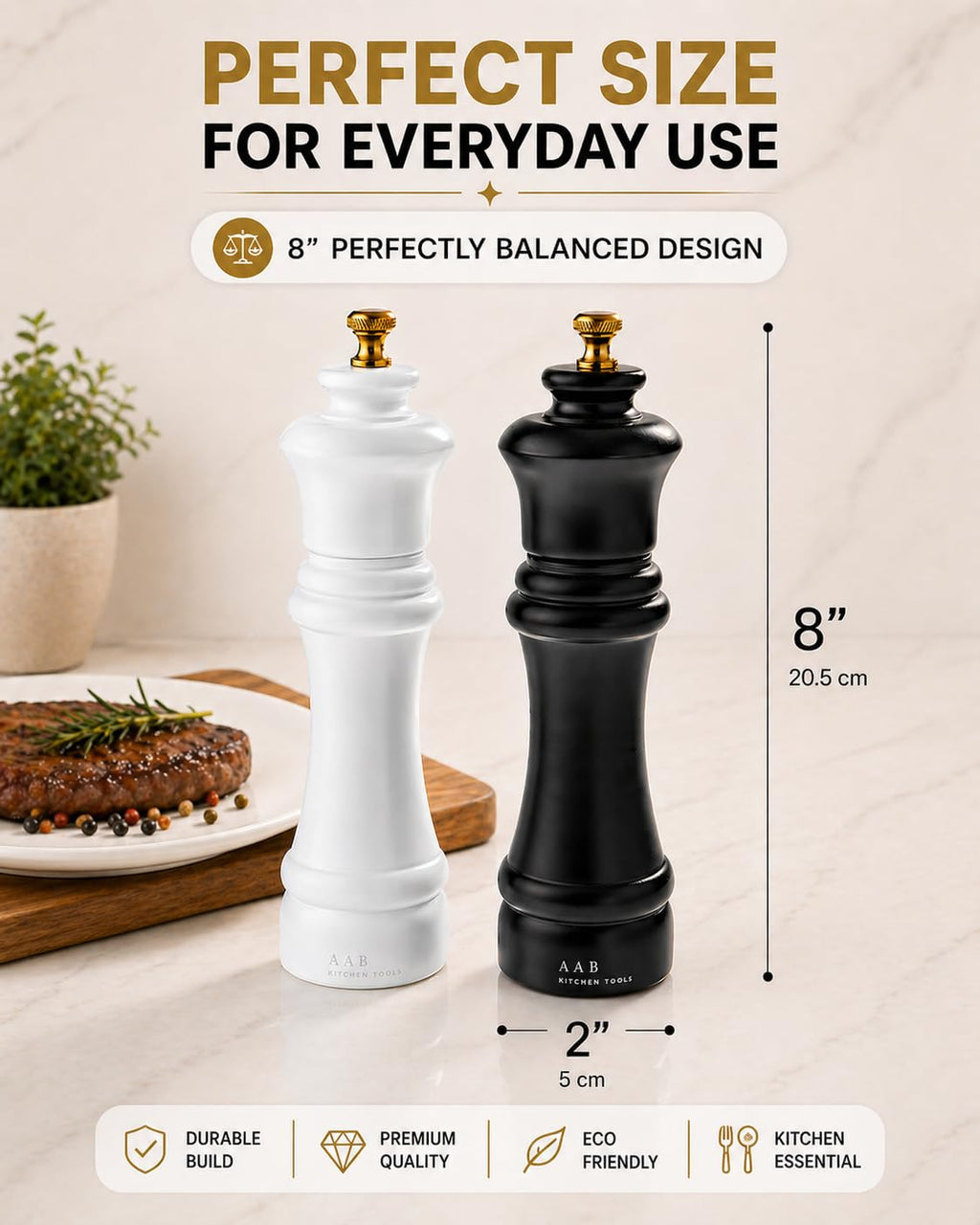 AAB Kitchen Tools Wooden Black and White Manual Refillable Large Salt and Pepper Grinder Set, Shaker with Adjustable Ceramic Grinding Mechanism for Customized Coarseness, 8 Inches, Pack of 2