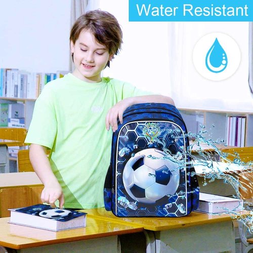 WZLVO 3PCS Football Backpack for Boys, 16'' Kids Soccer Bookbag with Lunch Box, Water Resistant School Backpacks for Preschool Elementary Kindergarten Travel
