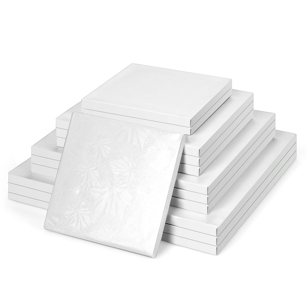 Baderke 12 Pcs White Square Cake Drums Assorted Size 6/8/10/12 Inch, 1/2 Inch Thick Square Cake Board Drum Fully Wrapped Foil for Christmas Baking Desserts Pastries, White Leaf Style