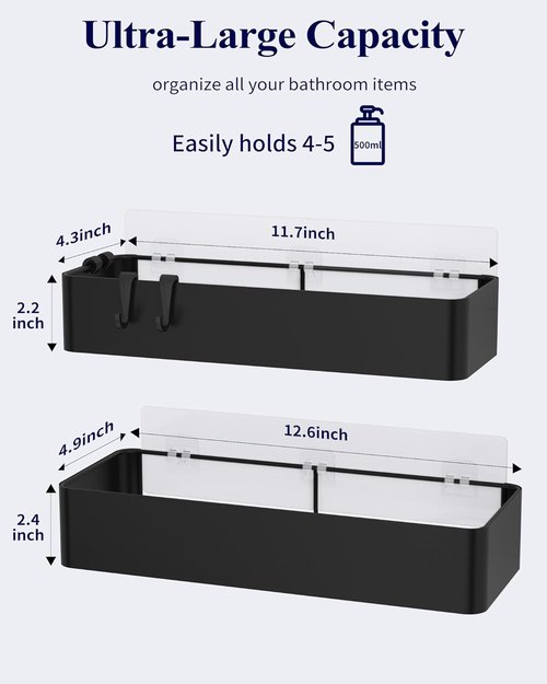 Kitsure Shower Caddy | 2-Pack Adhesive Organizer - Rustproof Metal Shelves, No-Drill, Black, X-Large