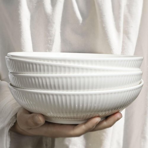 Artena Ceramic Pasta Bowls - 32oz Large Striped Salad Bowls Set of 4 | Microwave & Dishwasher Safe
