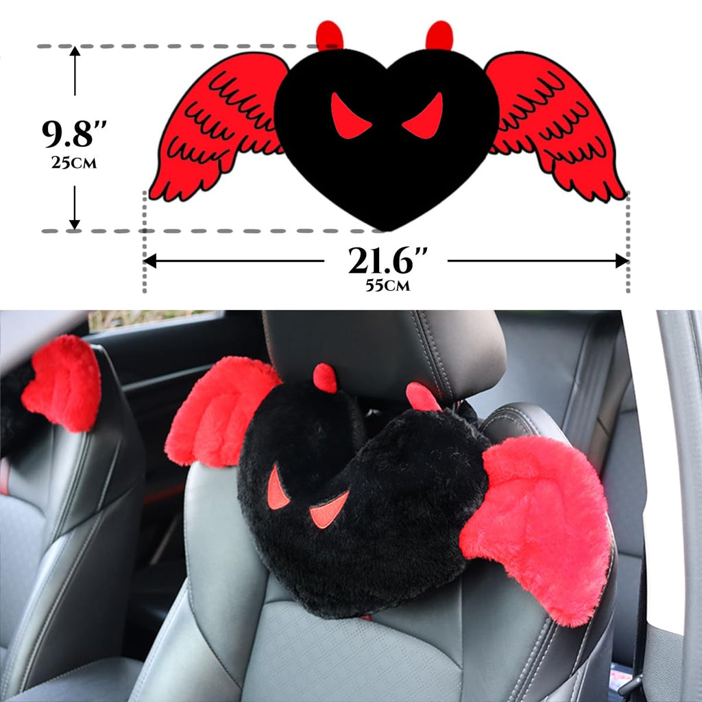Sexysamba 2 Pcs Heart Shaped Car Headrest Pillow Devil & Angel Wings Neck Pillow Cute Car Seat Decor Neck Support Cushions for Travel Sleeping, Driving, Home, Office, Black Devil