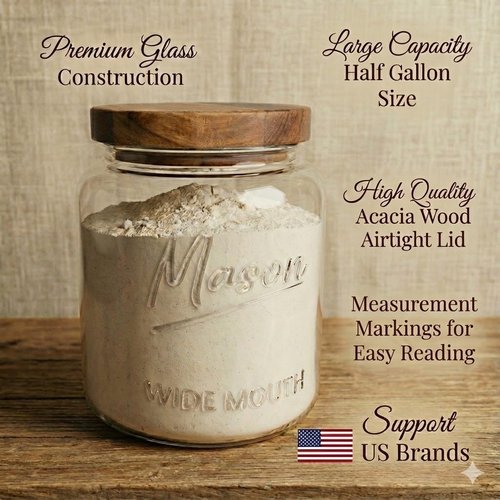 Kitchentoolz Half Gallon Glass Mason Jars with Airtight Push to Close Wooden Lids - Food Storage & Canning Jars with Measurement Markings - Pantry Containers for Flour, Sugar & Dry Goods - 64 oz (4pk)