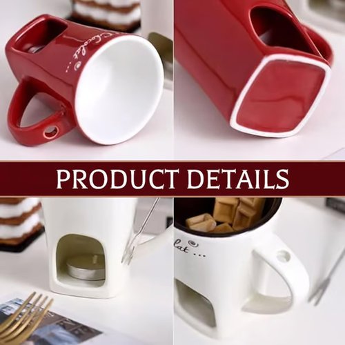 Sweet Fondue Cup for Date Night and More, Chocolate Melting Cup Set with Forks, Perfect as Fondue Mug or Chocolate Fondue Mug - Ideal Gifts for Birthday, Wedding, Mini Simmer Mug (White+Red)