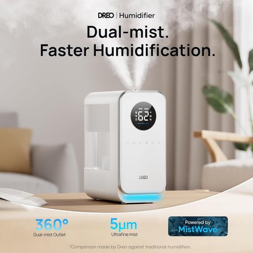 DREO Humidifier - Smart Quiet Cool Mist for Large Rooms | 50-Hour Runtime, Oil Diffuser & Nightlight, White
