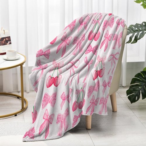 Reateforin Pink Cherry Bow Throw Blanket Back to School Decorations Soft Dorm Room Essentials Gifts for Students Girls Boys Lightweight Coquette Bow Cherry Aesthetic Blanket for Nursery Room 30"x40"