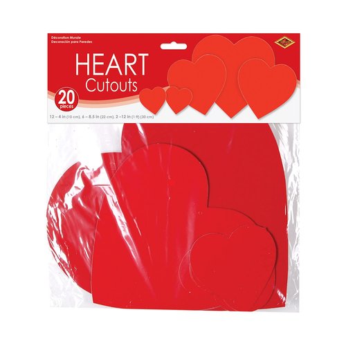 Beistle Printed Cardstock Paper Heart Cut Outs 20 Piece Valentine's Day Decorations, 4", 8.5", 12", Red