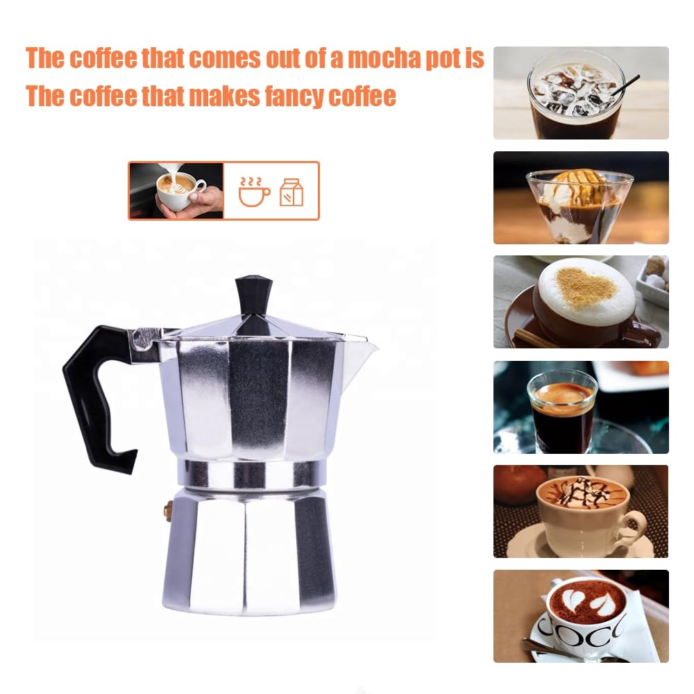 MVPLUE Classic Moka Pot 6 Cup 9 oz，Stovetop Espresso Maker Aluminum Silver，Cuban Coffee Maker， Greca includes Replacement Parts，Perfect Camping Coffee Pot，Make Delicious Coffee Easily at Home