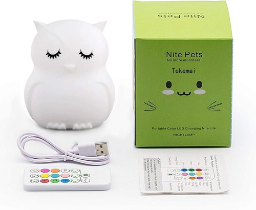 Tekemai Night Light, Bedside Lamp for Children/Kids, Baby Nursery Lamp for Breastfeeding Safe, Break Resistant, Eye Caring, Adjustable Brightness & Color, Touch Control + Remote Control - Medium Owl