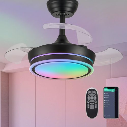Zynfandor 30" RGB Retractable Fandelier Ceiling Fan Dimmable Chandelier Ceiling Fans with Lights and Remote APP Control for Living Dinning Room Bedroom Black