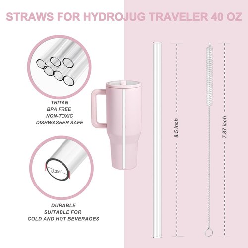 Replacement Straws for HydroJug 40 oz Tumbler, 5-Pack 8.5 Inch Tritan Hard Plastic Straws with Cleaning Brush, BPA-Free Dishwasher Safe Reusable Straws for 40oz Hydro Jug Flip Straw Lid (Clear)