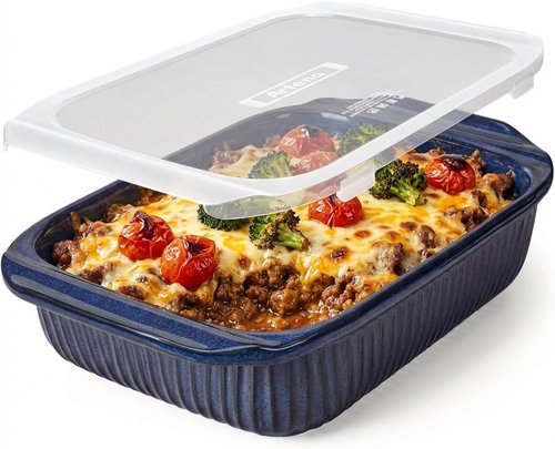 Artena Baking Dish - 5.1 Quart White Ceramic Casserole Pan with Handles | Deep Lasagna Bakeware, Blue