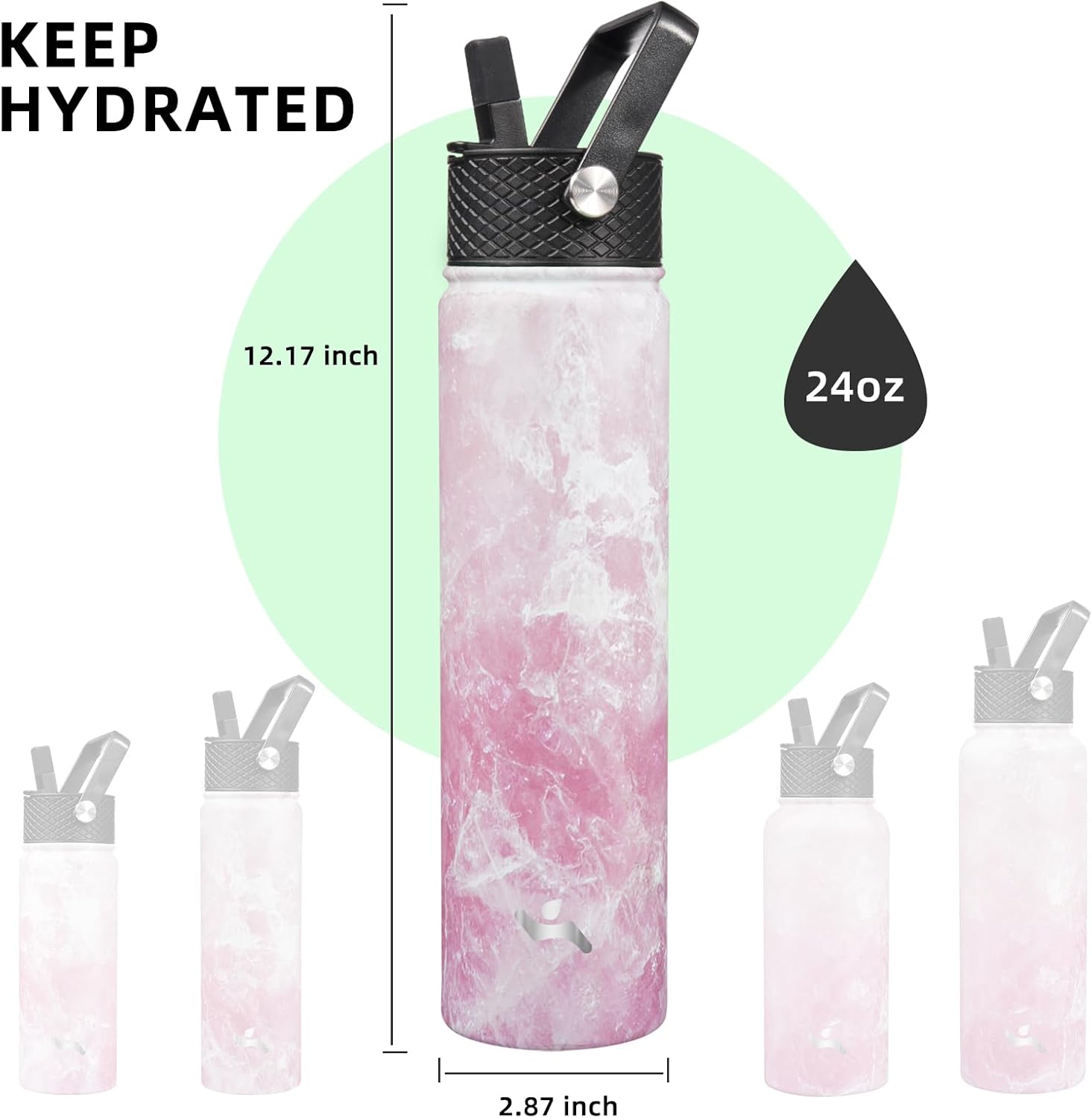 Skiennix Insulated Water Bottle - 24oz Stainless Steel Sport Bottle with 3 Lids | Marble Blossom