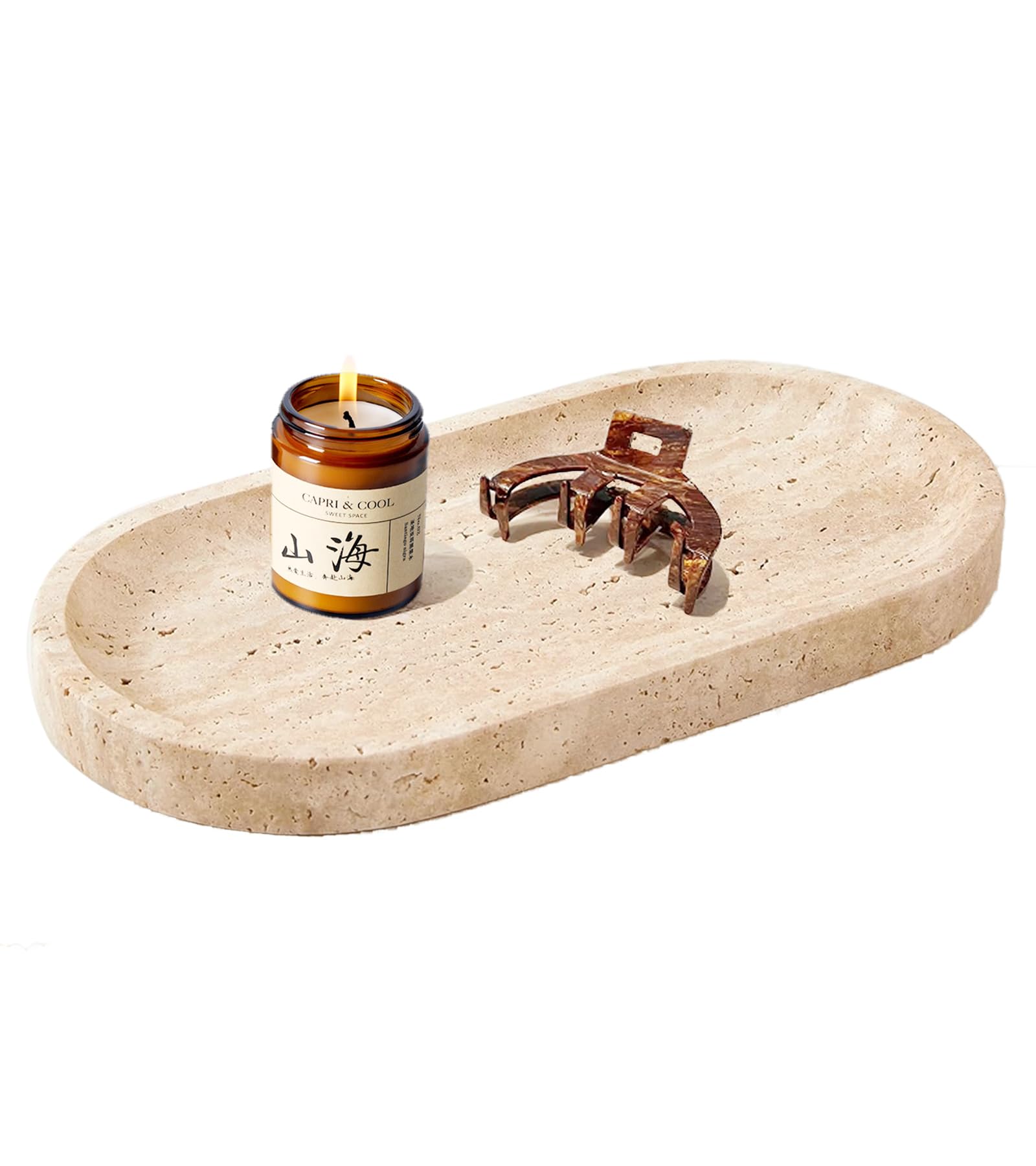 Natural Oval Travertine Vanity Tray 11.8 x 5.9inches, Beige Marble Stone Tray Dish Bathroom Catchall Tray for Jewelry Perfume Candle, Large Decorative Tray for Bedroom/Counter/Home Decor