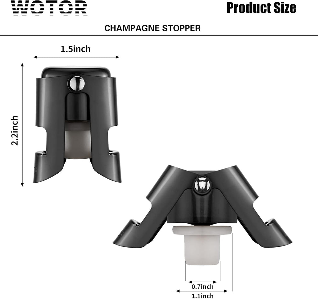 WOTOR Stainless Steel Champagne Stoppers - Champagne Bottle Stoppers with Silicone Seal, Reusable Cork & Saver, Suitable for Prosecco & Sparkling Wine, Black, 2 Pack