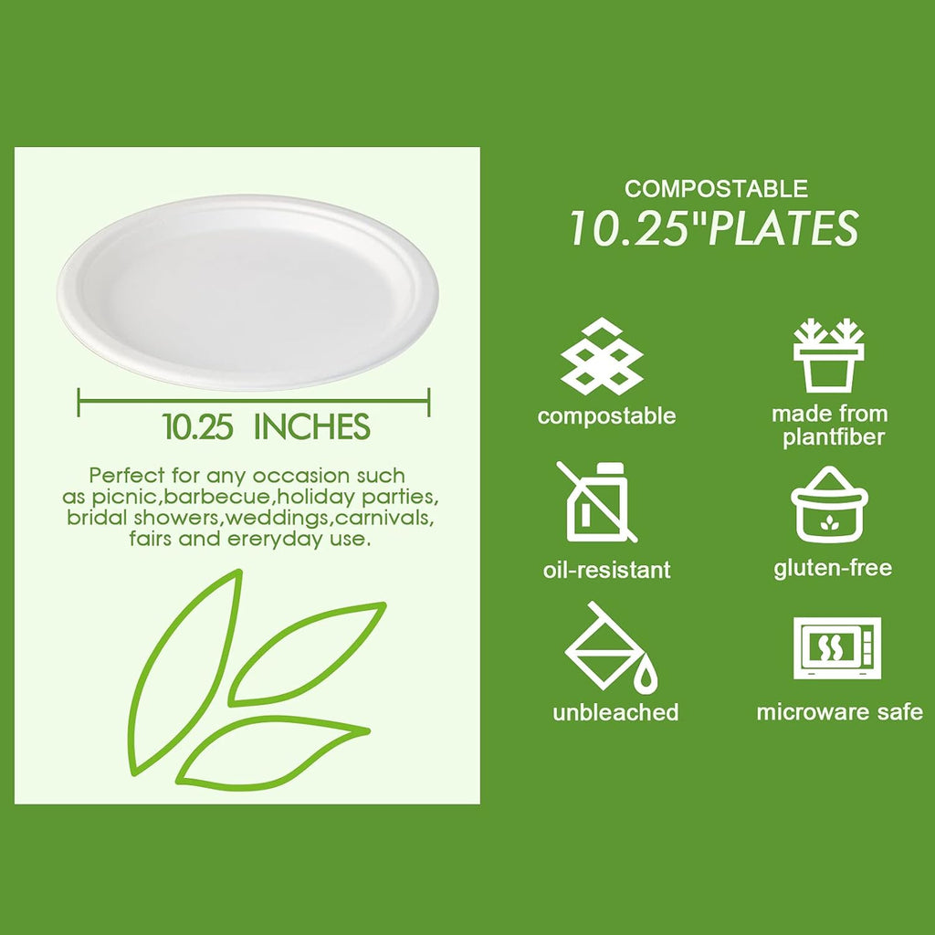 Vplus Compostable Paper Plates - 10.25 Inch Super Strong & Eco-Friendly | 150 Pack, 100% Biodegradable
