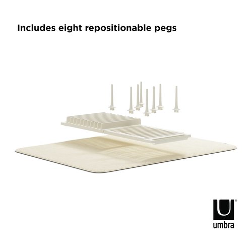 Umbra Udry Dish Rack with Movable Pegs and Microfiber Drying Mat – Space-Saving Design Folds Up for Easy Storage, Basic Rack, Linen