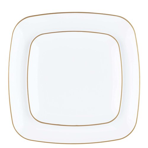 PLASTICPRO Square 128 Piece Combo Plates Set includes 64 x 7'' inch Plates & 64 x 10'' inch Dinner Plates White Plastic Gold Rim Design Party Plates, Premium heavyweight Elegant, Dishes,