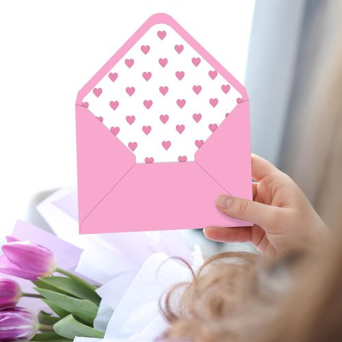 Whaline 50 Pcs Valentine's Day Invitation Envelopes Greeting Card Holders Pink Heart V-Flap Envelopes Card Sleeves with Stickers for Wedding Mother's Day Baby Shower, 5.3 x 7.3 Inch