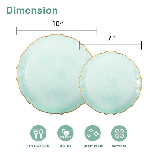 Lullaby 100pcs Translucent Green Plastic Plates with Gold Rim, Fancy Lace-Edged Disposable Plates include 50pcs Dinner Plate 10”, 50pcs Dessert Plate 7”, Perfect for Party, Wedding, Holiday