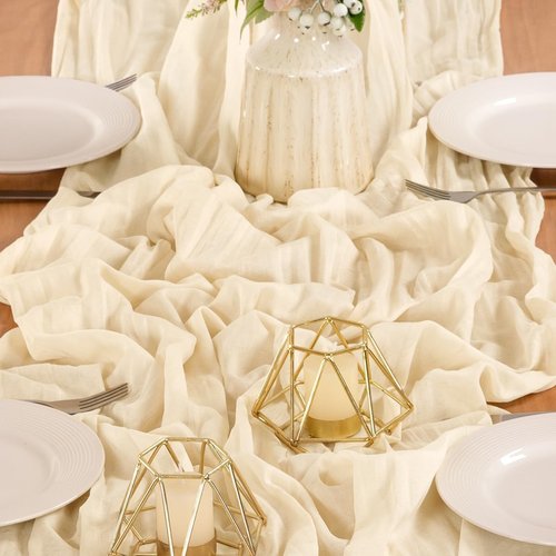 MLMW 6 Pack Beige Cheesecloth Table Runner - Boho Rustic Design | 160 Inch for Weddings & Events