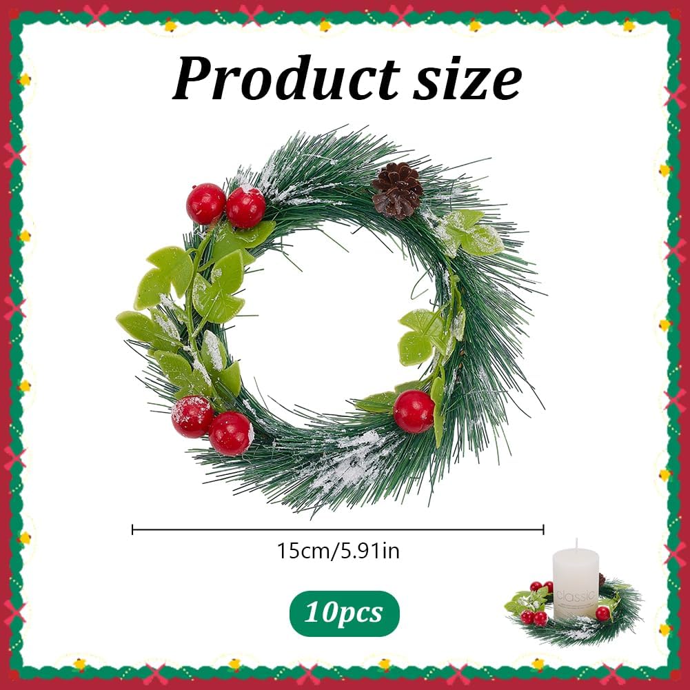 Skiennix Christmas Candle Rings - 10 Pcs Snowy Pine Wreaths for Festive Table Centerpieces & Decor