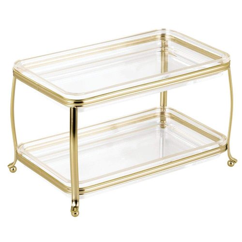 mDesign Decorative Makeup Storage Organizer Vanity Tray for Bathroom Counter Tops, 2 Levels to Hold Makeup Brushes, Eyeshadow Palettes, Lipstick, Perfume and Jewelry - Soft Brass/Clear