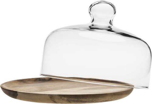 MyGift Cloche Dome Glass Dessert Serving Tray - 7.5 Inch Cake Stand with Acacia Wood Base for Parties & Weddings
