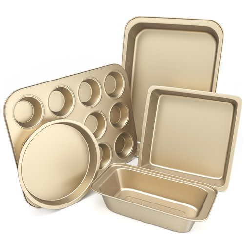 CasaCulina Baking Pans Set, 5-Piece Nonstick Bakeware Sets with Round/Square Cake Pan, Muffin Loaf Roast Pan, Baking Sheets for Oven, Kitchen Cookware Sets Baking Tray Baking Supplies, Gold