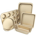 CasaCulina Baking Pans Set, 5-Piece Nonstick Bakeware Sets with Round/Square Cake Pan, Muffin Loaf Roast Pan, Baking Sheets for Oven, Kitchen Cookware Sets Baking Tray Baking Supplies, Gold